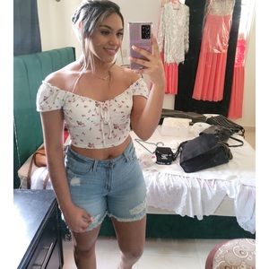 White floral off shoulder crop top